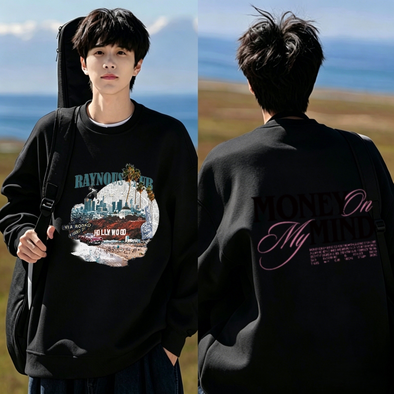 PUERTO Sweater Pria Lengan Panjang Crewneck Rambu Hollywood Matahari Terbenam Cahaya Senja Print Sab