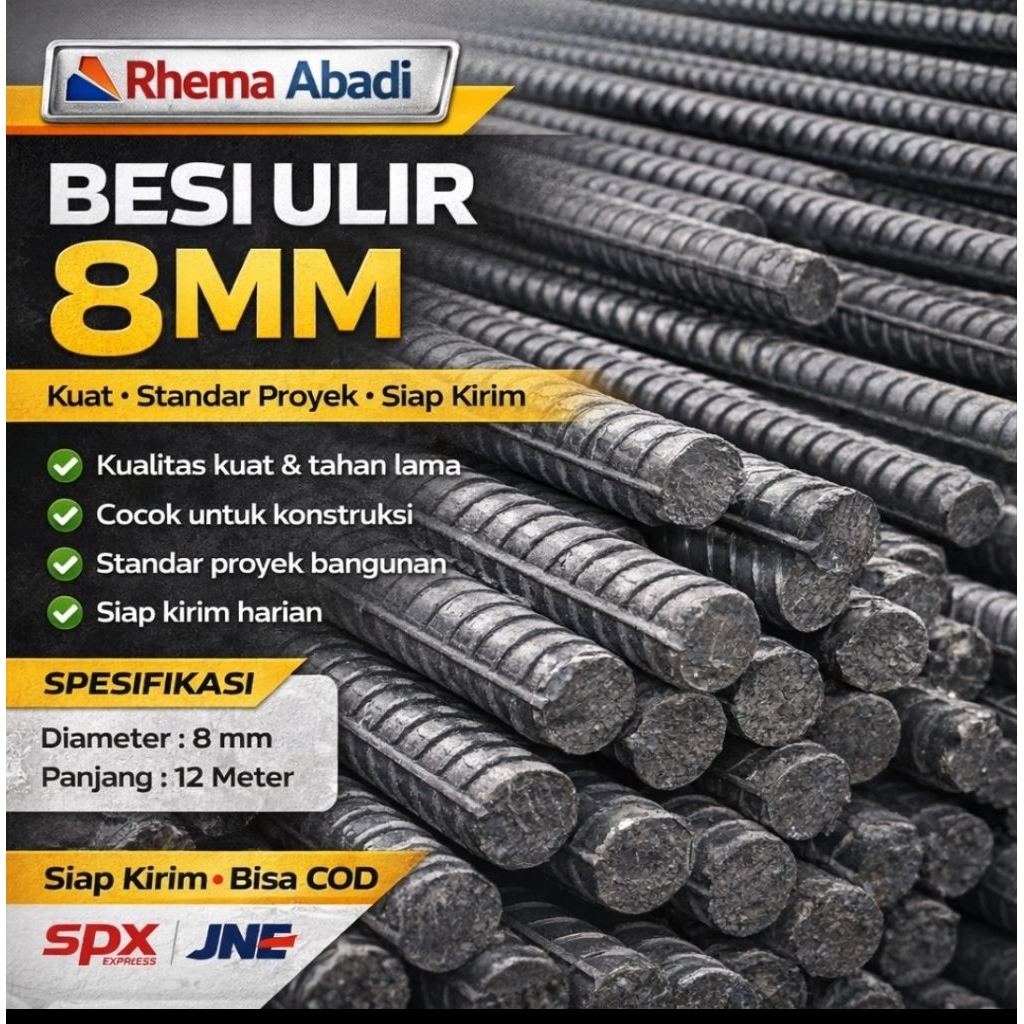 Besi Ulir 8mm Panjang 12 Meter Besi Beton Ulir Kuat Standar Proyek Siap Kirim Ritel & Grosir