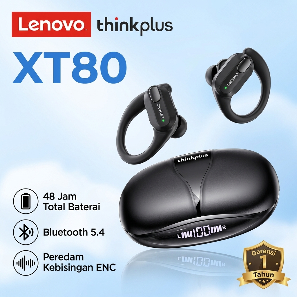 Headset Bluetooth Olahraga Lenovo ThinkPlus XT80 Kontrol Sentuhan, Ganti Musik Tanpa Henti Olahraga,