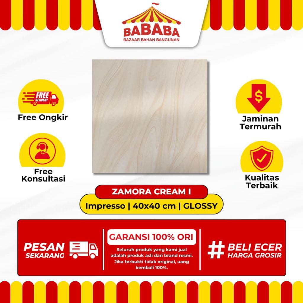 Keramik Lantai Ukuran 40x40 Impresso Zamora Cream Glossy Kilap Motif Marble Keramik Lantai Rumah