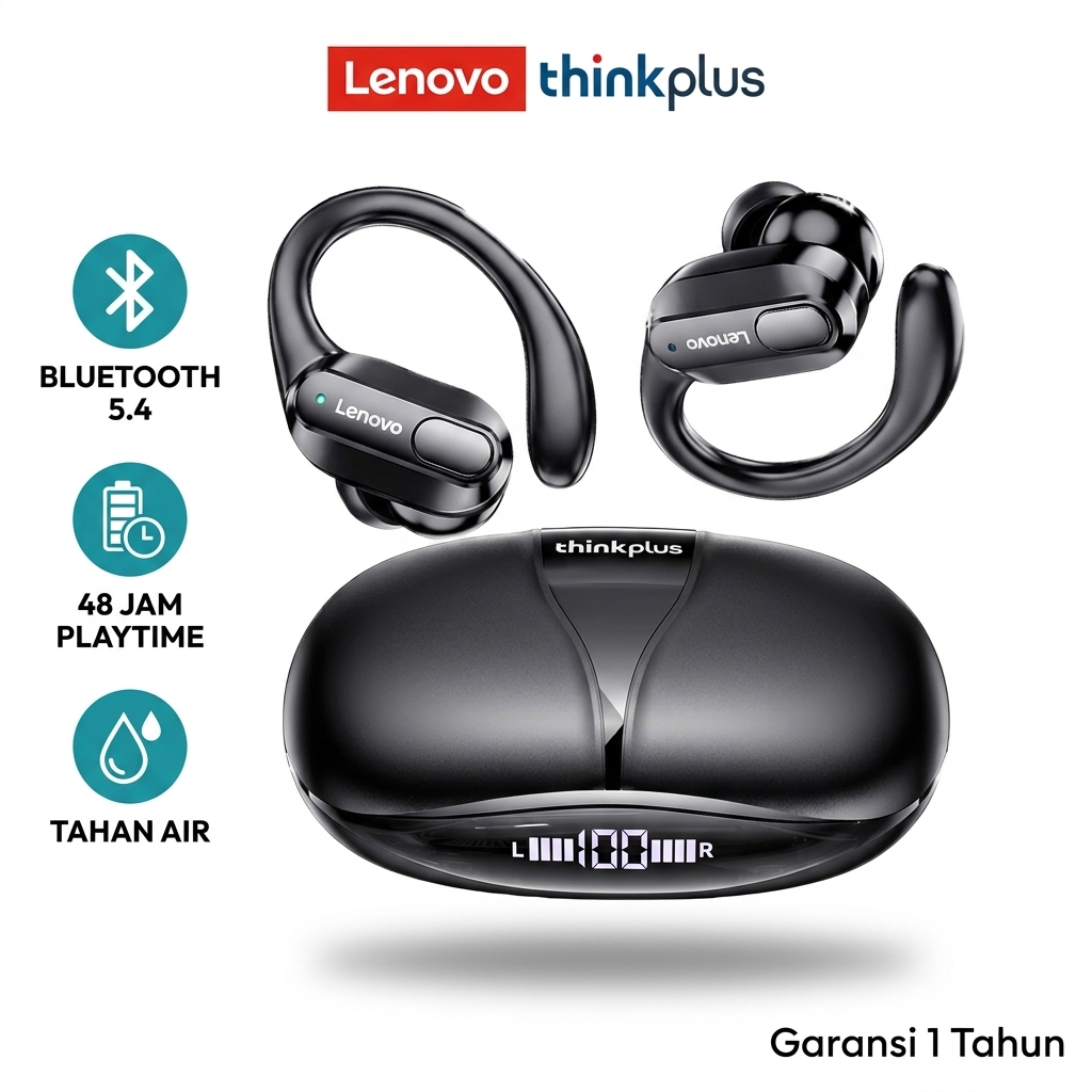 Lenovo ThinkPlus XT80 Earphone Bluetooth 5.4 Tampilan LED Baterai, Bisnis & Kelas, Garansi 1 Tahun