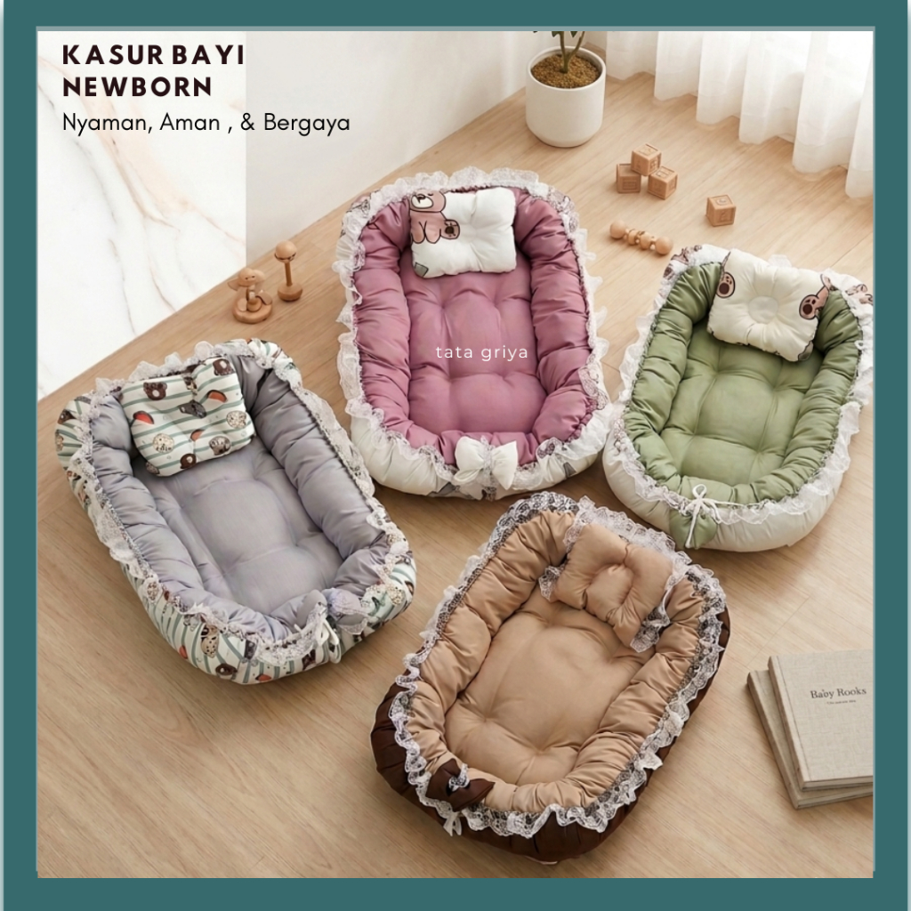 Kasur Bayi Newborn Premium Jumbo, Tebal & Aestethic Sofa Bayi Set Kelambu Free Bantal Untuk Kado Ana
