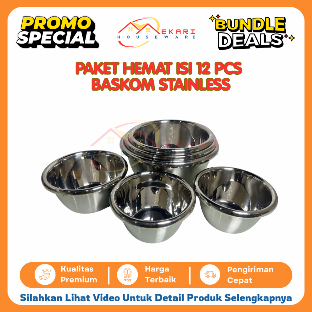 Grosir Paket Hemat isi 12 Bowl Baskom Mangkok Mangkuk Stainless Steel Tebal Anti Panas Wadah Premium