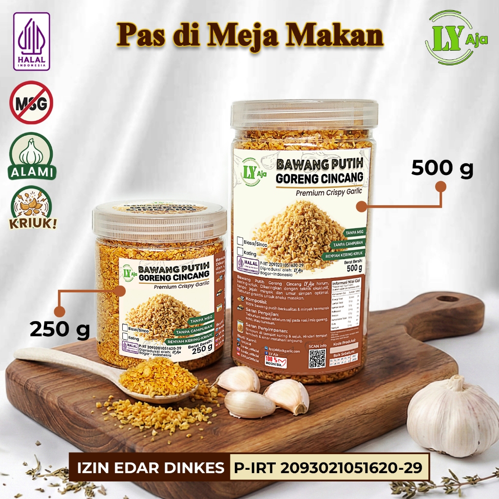 Bawang Putih Goreng Cincang Toples LY Aja Honan/Kating Varian 50 g - 1 kg Tanpa MSG & Pengawet