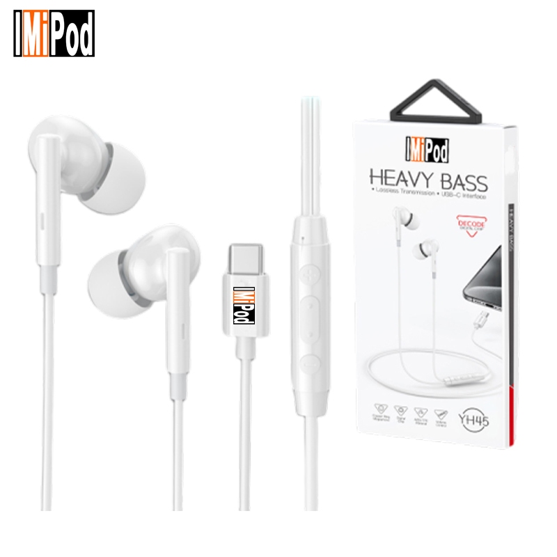 lMiPod YH45 Headset Kabel Type-C Stereo HiFi Super Bass Earphone Gaming Mic untuk Android Handsree