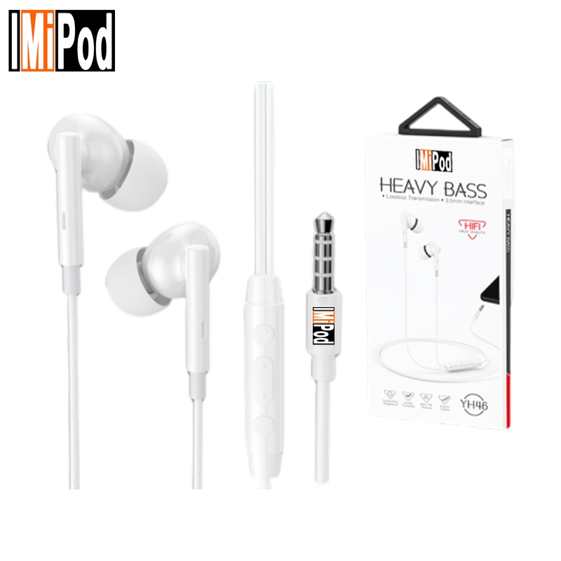 Earphone lMiPod YH46 Headset Handsfree Flat Ear Bass + Mic Jack 3.5mm Universal Suara Jernih