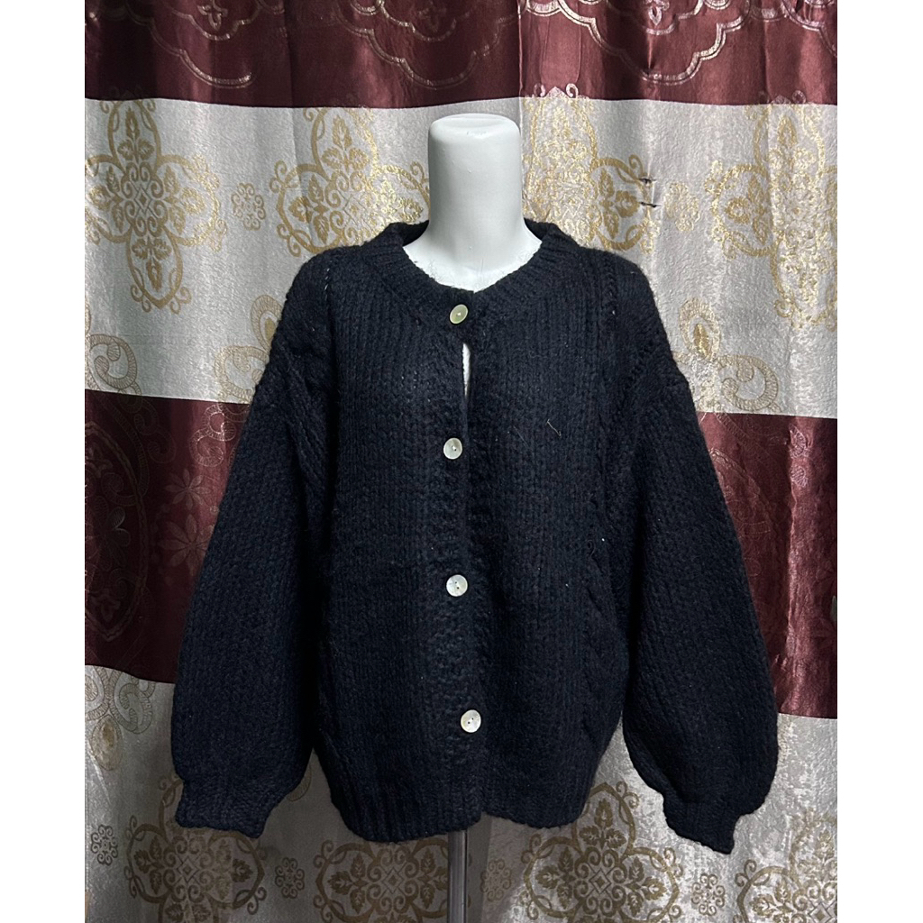 cardigan rajut kapas wanita mix kepang lengan balon / atasan outer berkancing outfit stylish kekinia