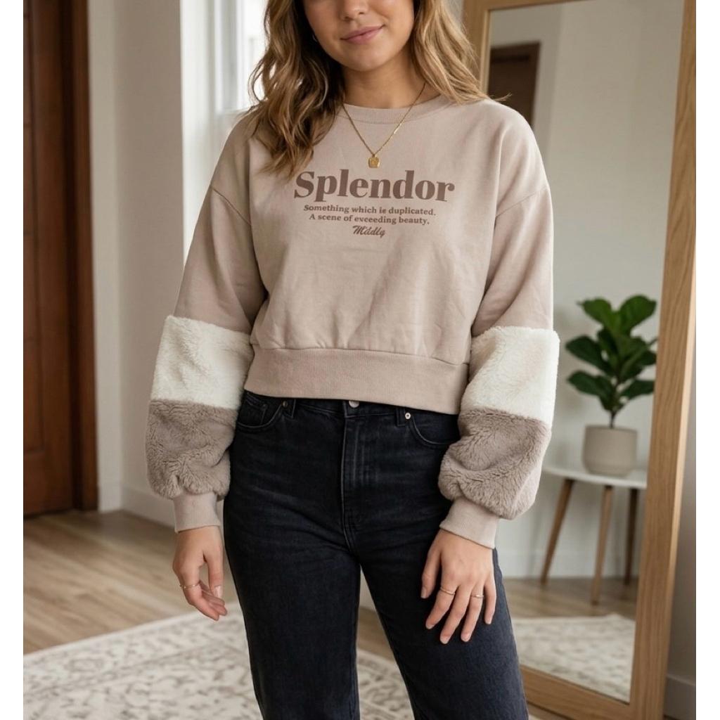 atasan sweater crewneck mix rajut sherpa - sweater crop lengan balon - crop sweater