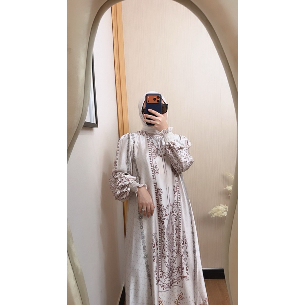 [Ready] Nk 94 - Gamis Printing Nk Muslimah Ivory + Hijab