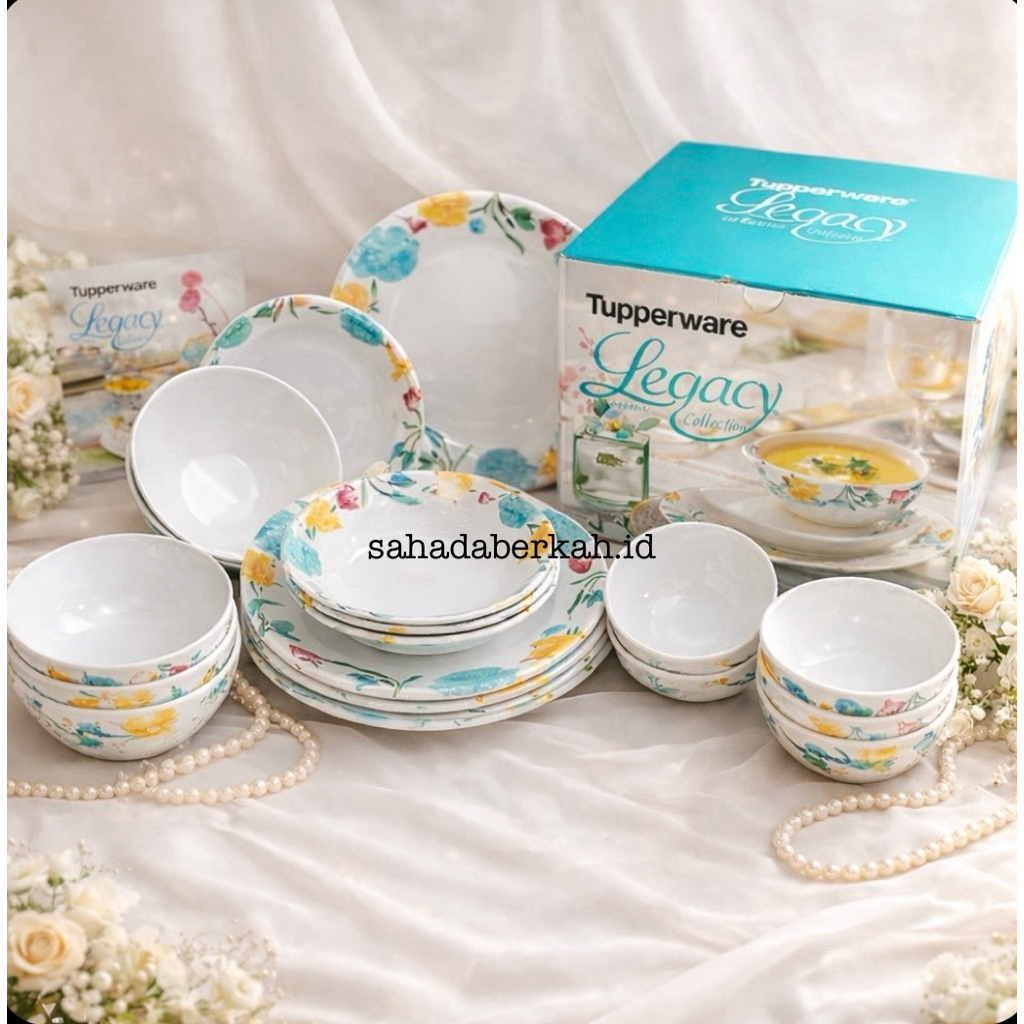 BIG SALE - SET PIRING TUPPERWARE PEONY 16 PCS – Piring Mangkuk Melamine Motif Bunga | Peralatan Maka