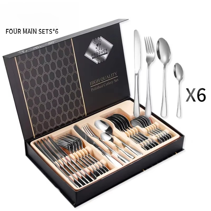 isi 24 Set Perlengkapan Makan Sendok Teh Garpu pisau Sultan Tebal Besar luxury stainless steel cutlery Fork Spoons Knives Tableware 24 Pcs Hampers Hadiah Oleh2 Warna Emas Silver Tebal Berat Indonesia Anti Karat Mewah Tahan Lama 304 Stainless Steel Premium