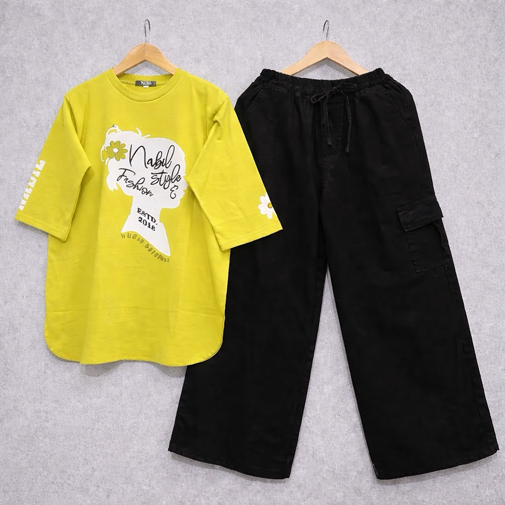 Setelan Kulot Jeans Wanita Dewasa Atasan Celana Kulot Jeans Cargo, Setelan Harian Serbaguna