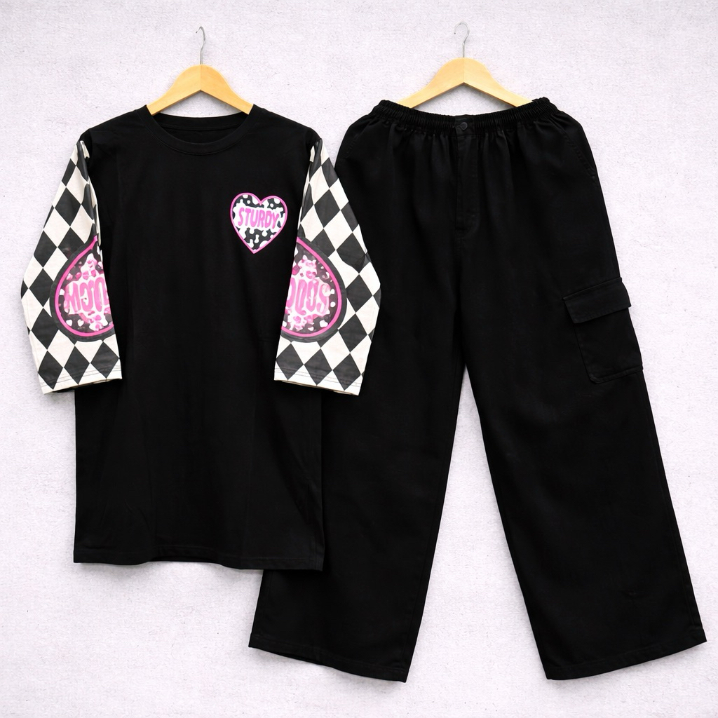 Oneset Jeans Kulot Wanita, Atasan Combed 20s, Celana Jeans Kulot Cargo, Setelan Wanita Terkini