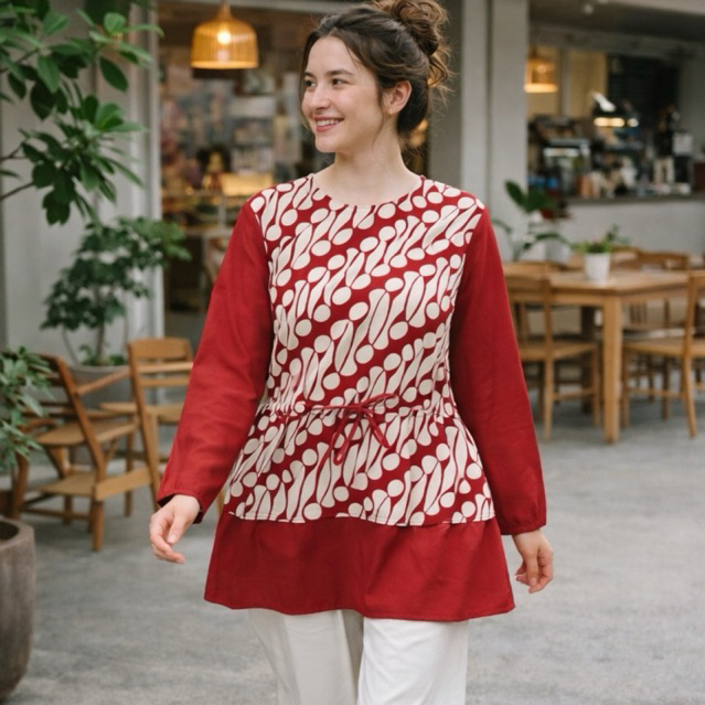 Blouse Batik Kombinasi Merah Putih Modern – Atasan Batik Wanita Kerja Kantor & Santai | Batik Dayard