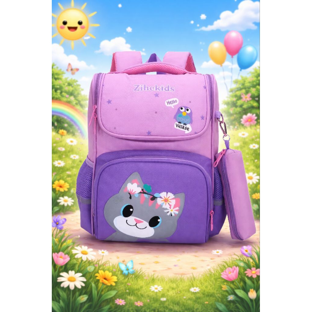 Tas Ransel Anak Lucu motif kucing  - Bahan Nilon Premium, Ukuran Besar, Warna Menarik