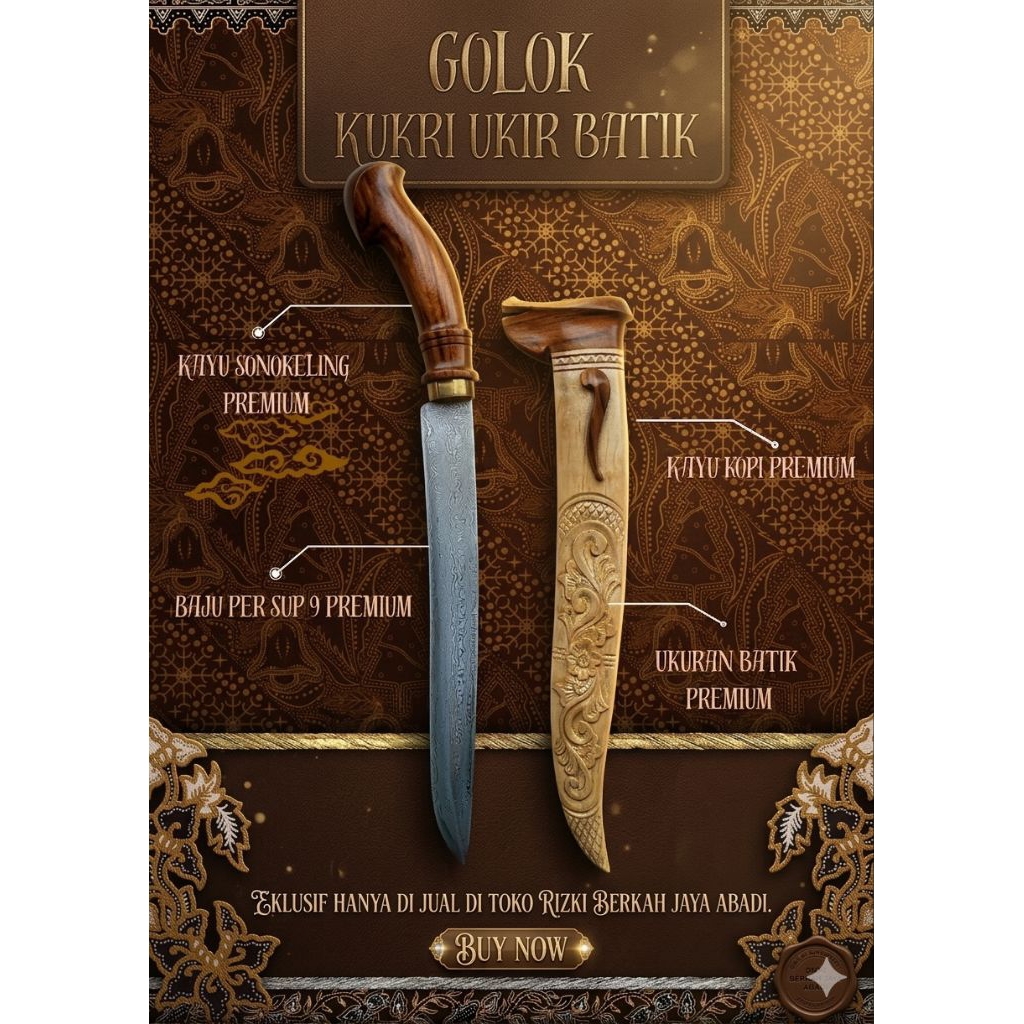 GOLOK KUKRI UKIR BATIK PREMIUN KHAS JAWA BAHAN BAJA PER SUP 9