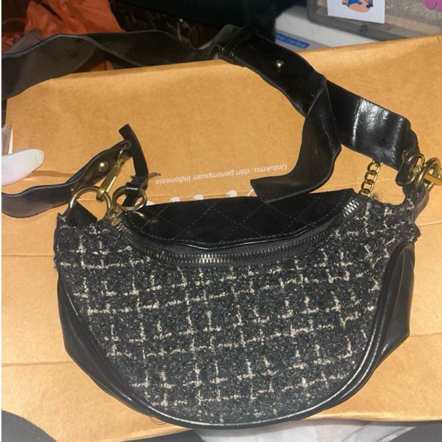 Tas Wanita Tweed Shoulder Bag Hitam Elegant Korean Style