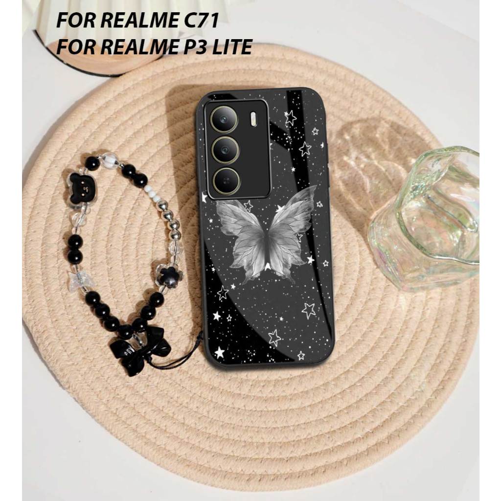 FOR REALME C71 [M395] SOFTCASE GLASS KACA DENGAN TALI STRAP PITA BLACK FOR REALME P3 LITE MOTIF AEST