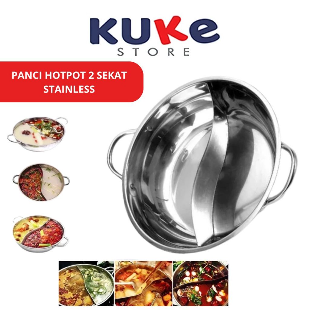 Panci Hotpot 2 Sekat Stainless Steel 28Cm Steamboat Shabu Suki Kuali Wadah Tempat Sayur Sop 2in1