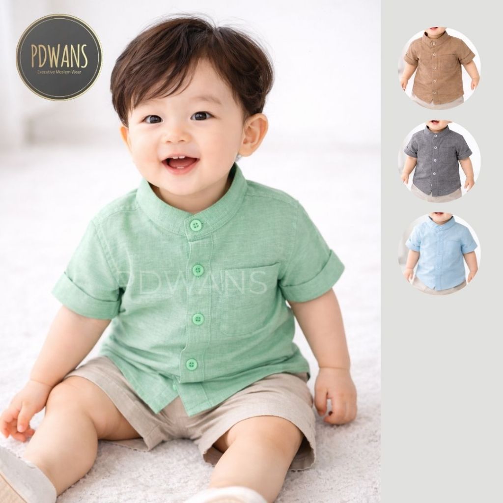 PDWANS Baju Koko Anak Bayi Kembaran Warna Pastel Hijau Biru Abu Coklat Kemeja Polos Kerah Shanghai K