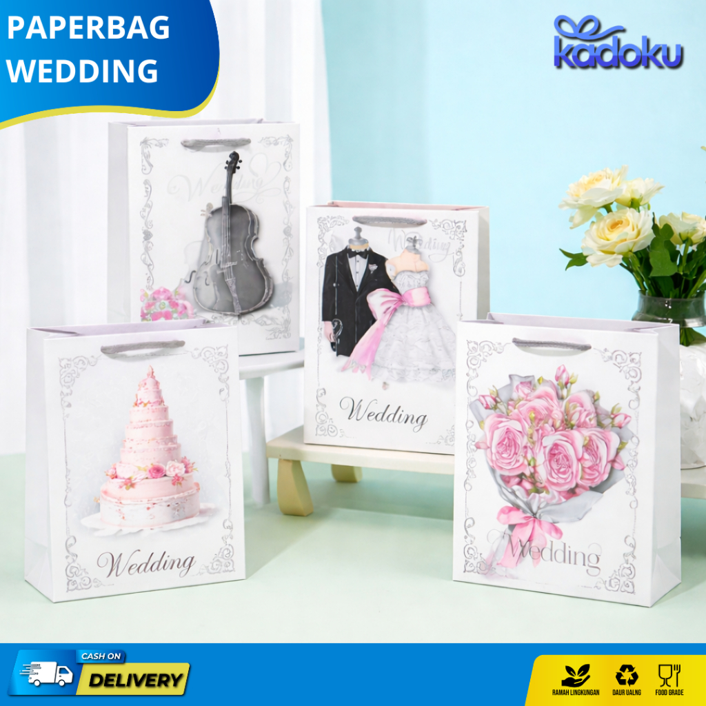 Paper Bag Ivory Happy Wedding / PaperBag Hampers / Tas Kado Pernikahan / Goodiebag Ultah Motif Weddi