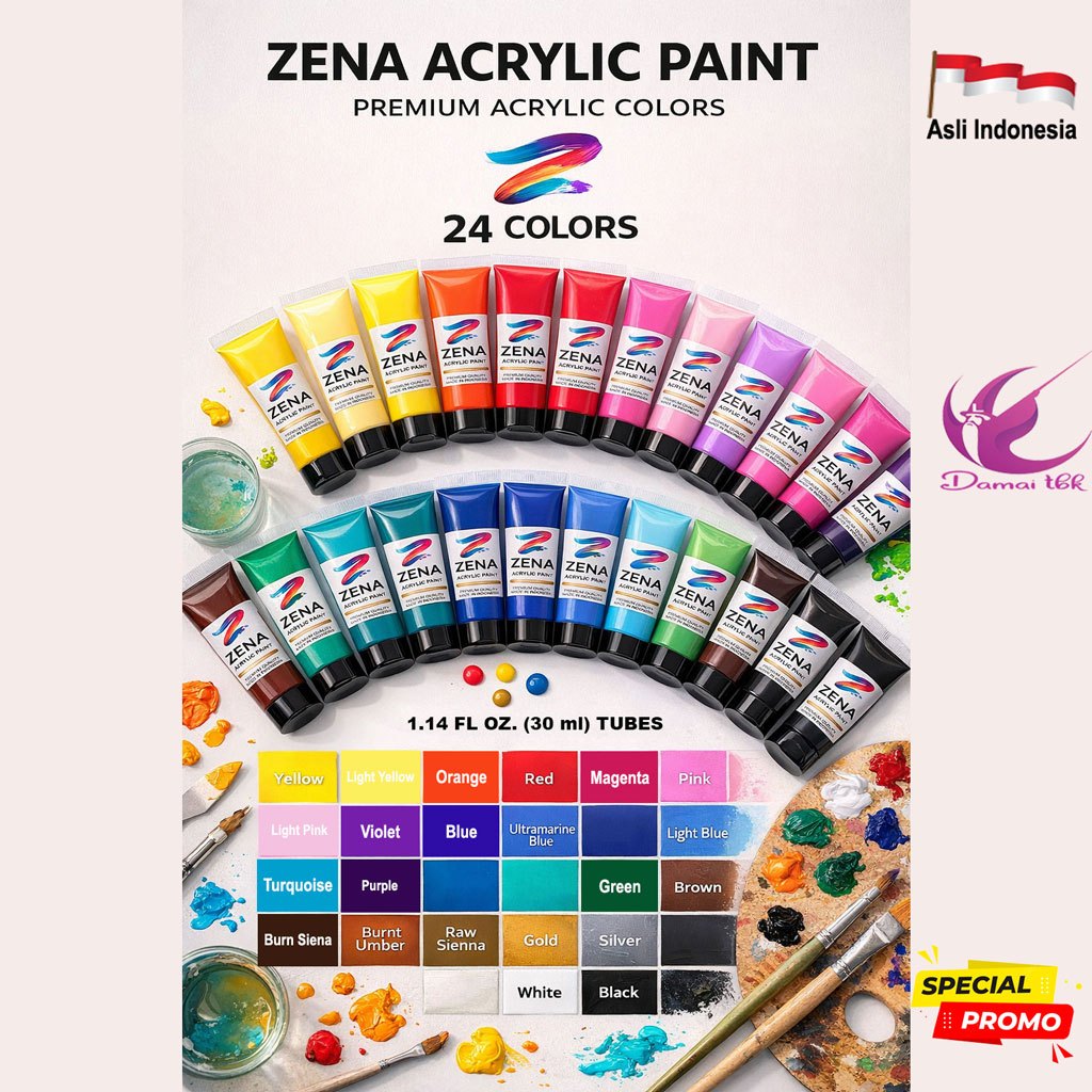 Zena Acrylic Paint Tube 30ml - Premium Acrylic Colour Tube 30 Ml - Cat Akrilik ASLI INDONESIA
