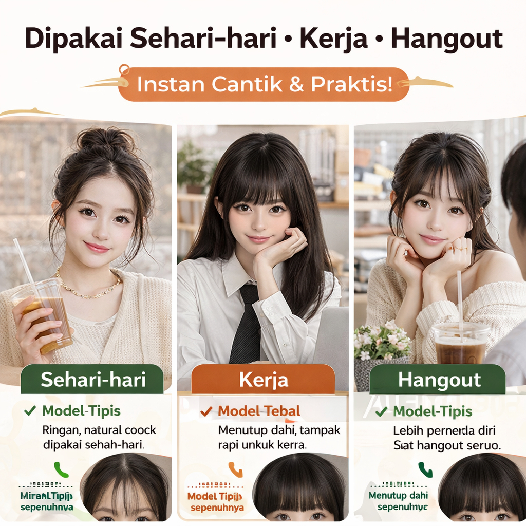 Poni Hair Clip – Natural Poni Palsu Depan Full Bangs & Poni Air Tipis Clip On Rambut Wanita Hitam Co