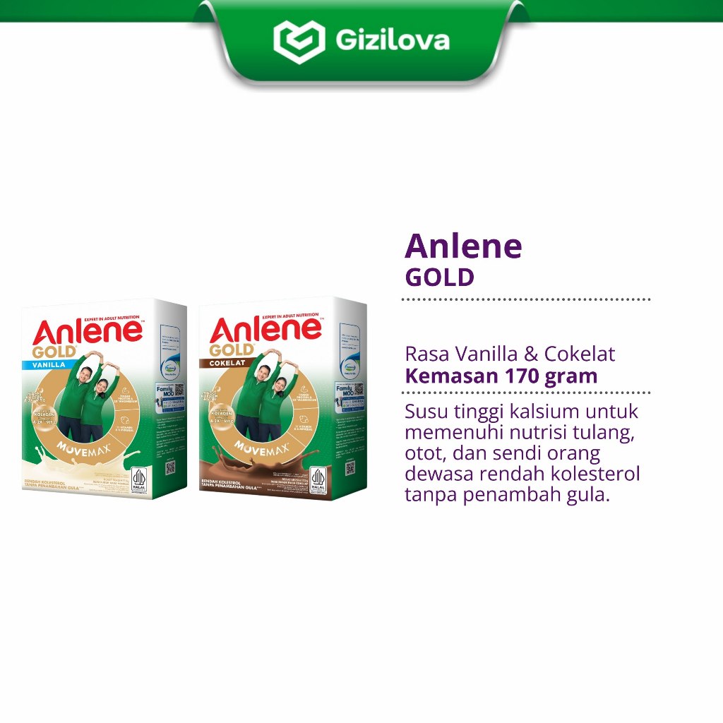 GiziLova | Anlene Gold 170 gr Susu Tinggi Kalsium Dewasa / Lansia Untuk Tulang & Sendi, Rendah Khole