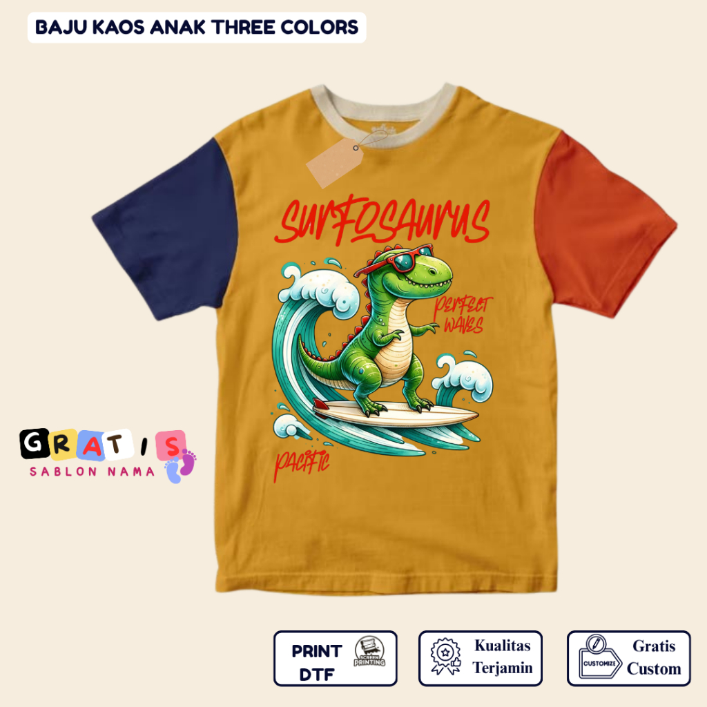 shabira tas  - Kaos Anak Dino SURFOSAURUSr  - Kaos Anak Pendek Three Colors Dino - Kaos Anak Sablon 