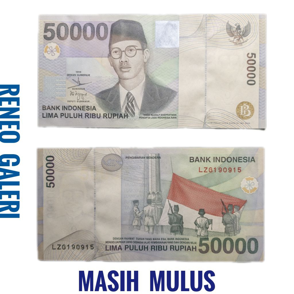 Mulus asli 50.000 Rupiah tahun 1999 wr supratman Soepratman kibar bendera upacara Rp 50000 uang kert