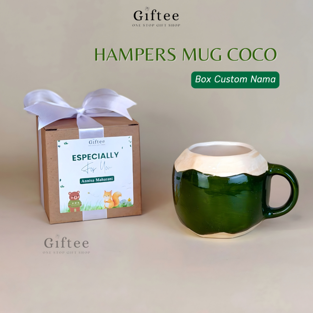 HAMPERS MUG COCO CUSTOM NAMA GELAS KELAPA COCONUT MUG CERAMIC GIFT KADO ULANG TAHUN WISUDA SOUVENIR