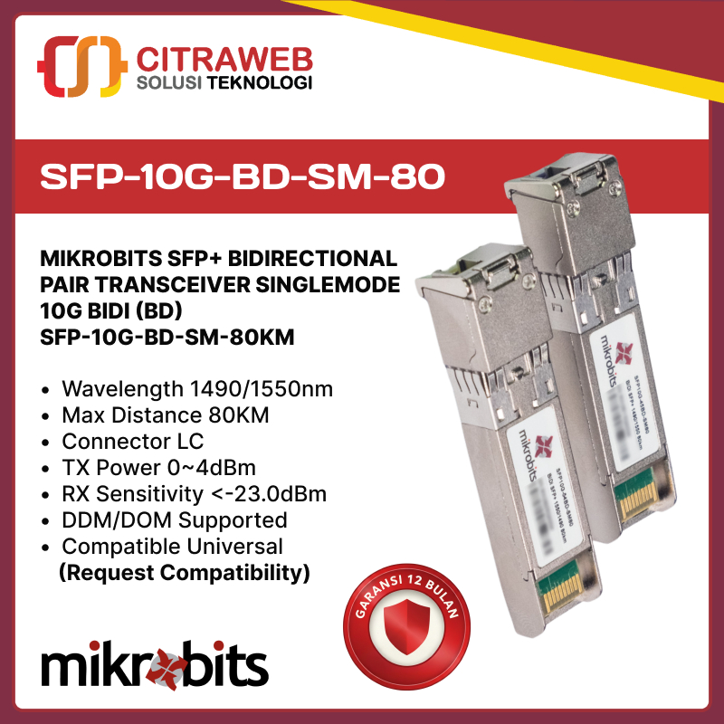 Mikrobits SFP+ 10G Transceiver Singlemode 80KM SFP-10G-BD-SM-80