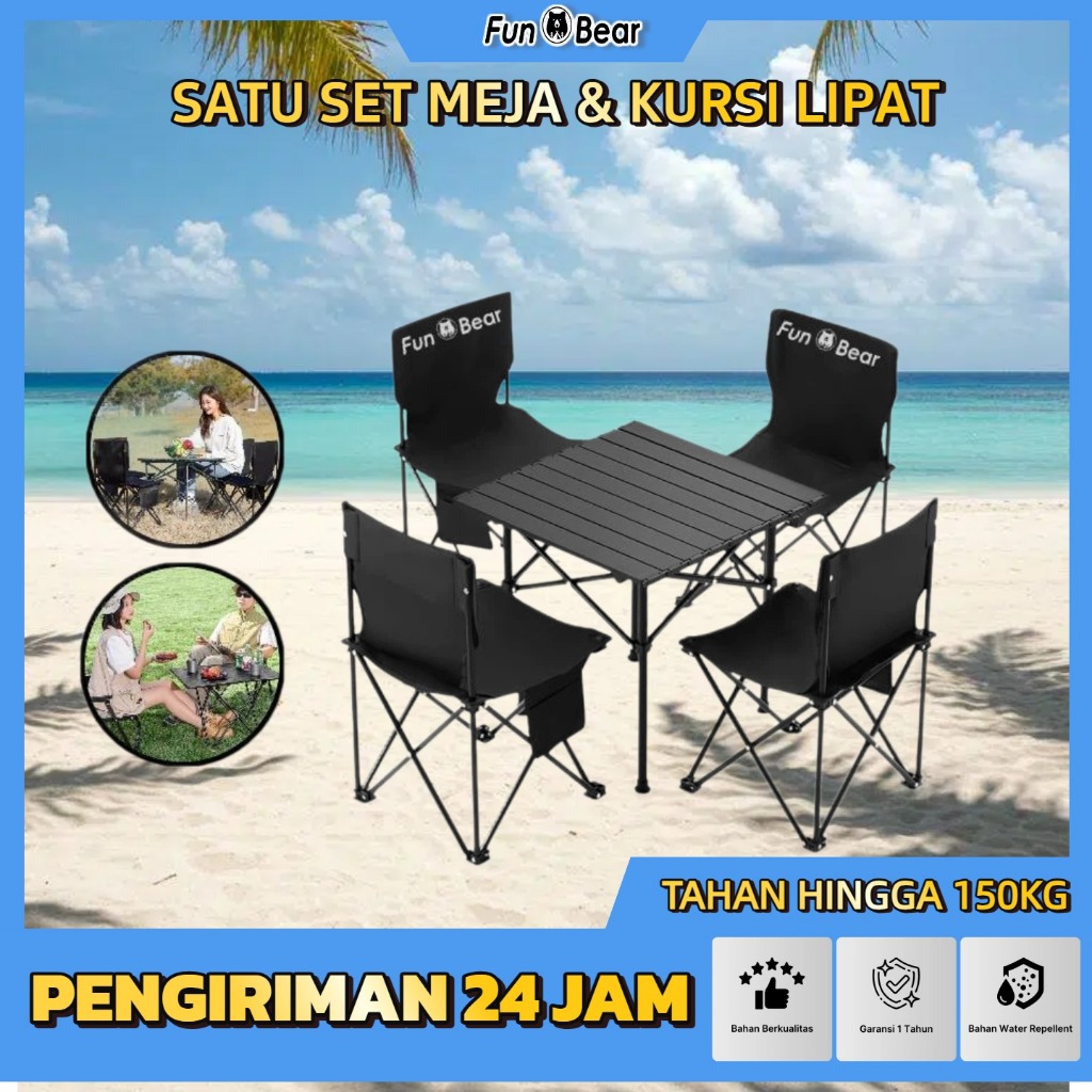 Paket Hemat Meja Kursi Lipat FunBear Portable Outdoor Furniture Bahan Kain Tebal Awet Rangka Besi Ba