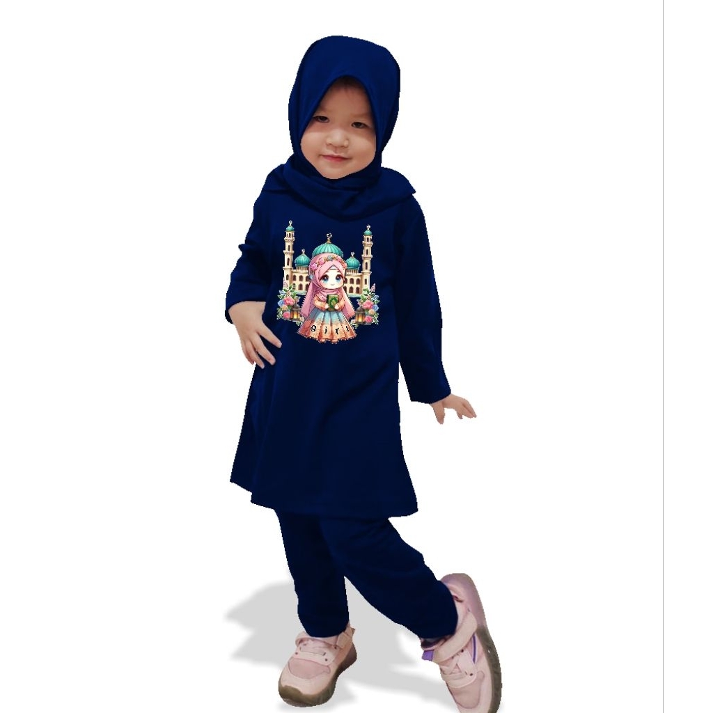 setelan Tunik anak motif karakter girl hijab/umur 3-12 tahun