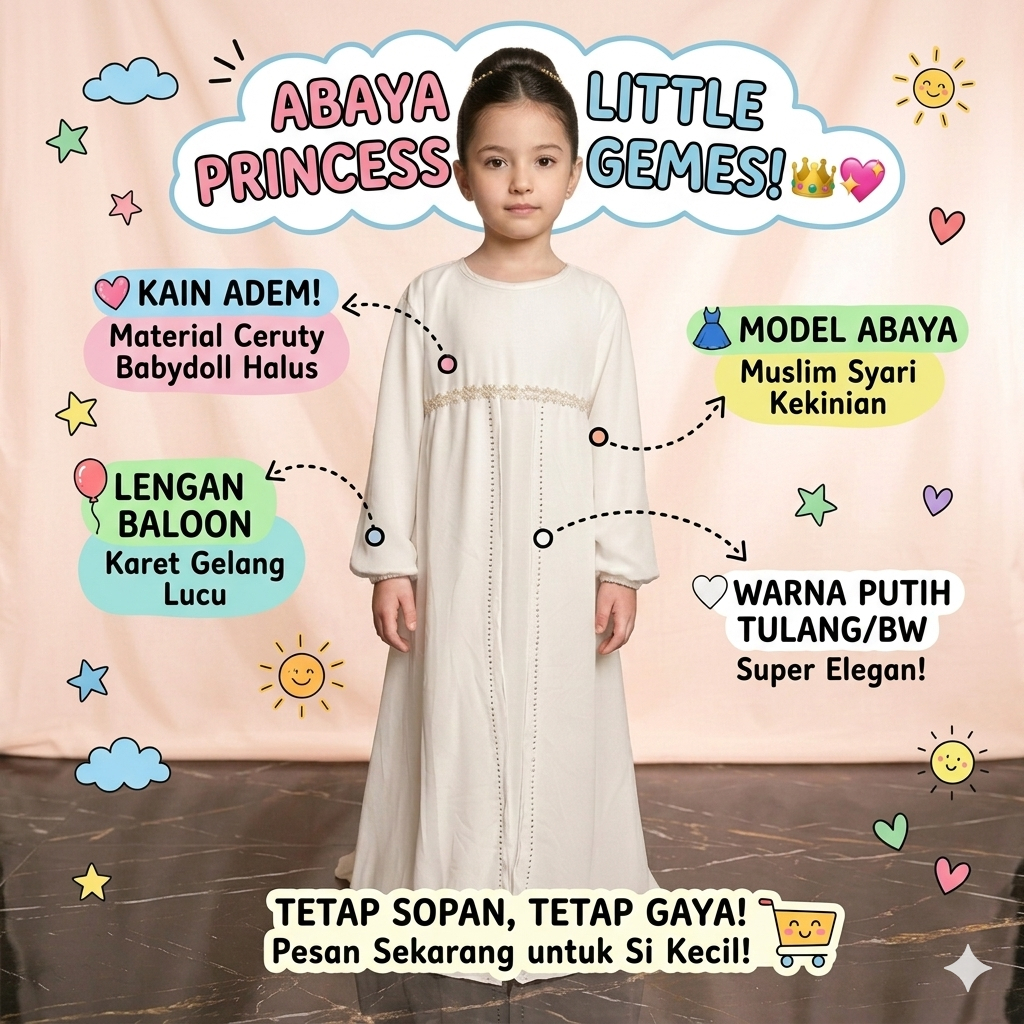 Abaya Gamis Anak Perempuan Putih Premium Ceruty Babydoll Ceruti Baby Doll Set Hijab / Syari Kids Mew