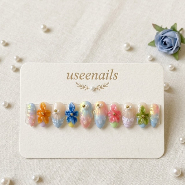 Kuku Palsu 3D Press On Nails Motif Bunga / Fake Nails / Nail Art laut / Nail Art Bali