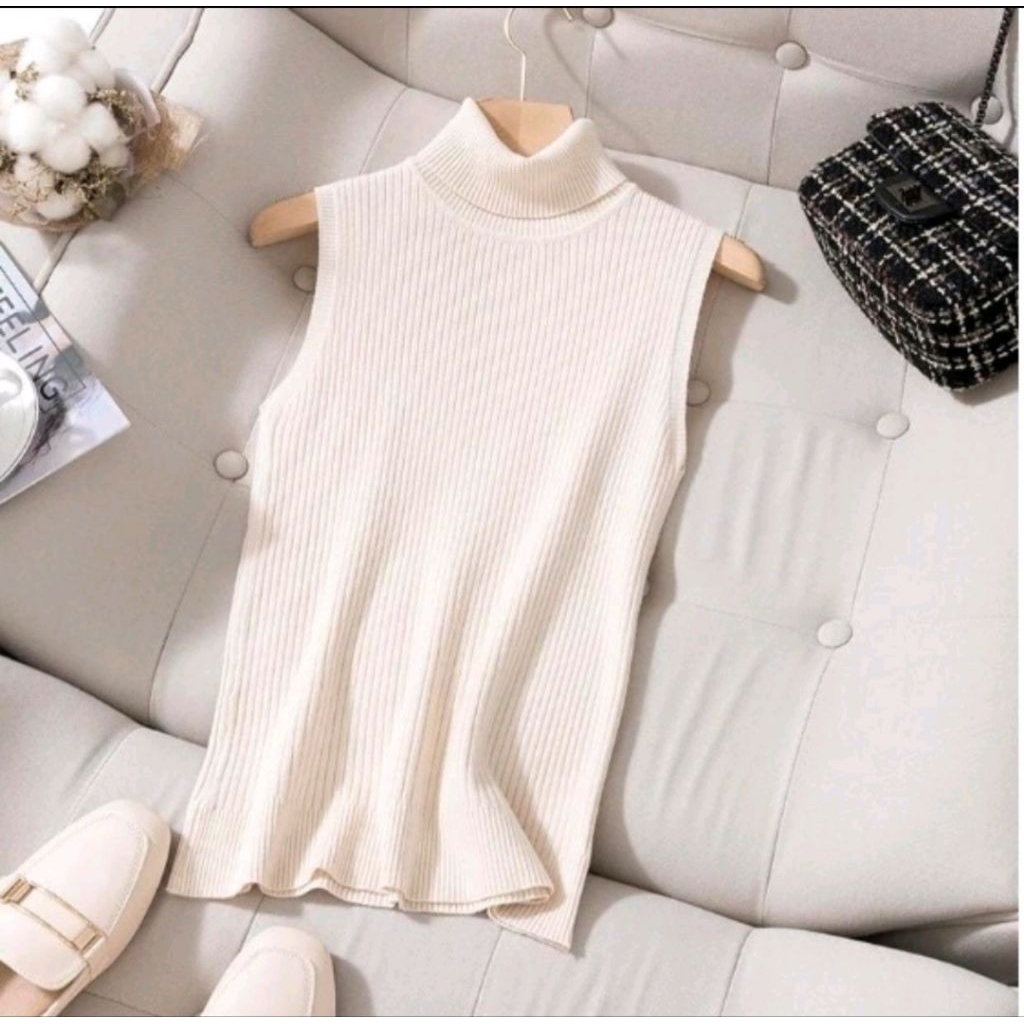 Atasan Turtleneck Rajut Tanpa Lengan Lembut Nyaman