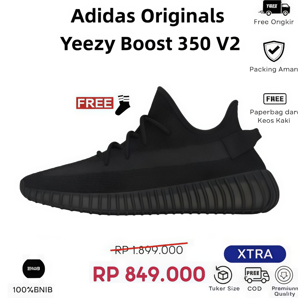 Sepatu Kasual Hidup Pria & Wanita Adidas Originals Yeezy Boost 350 V2 Onyx Hitam, Bahan Kain, Nyaman