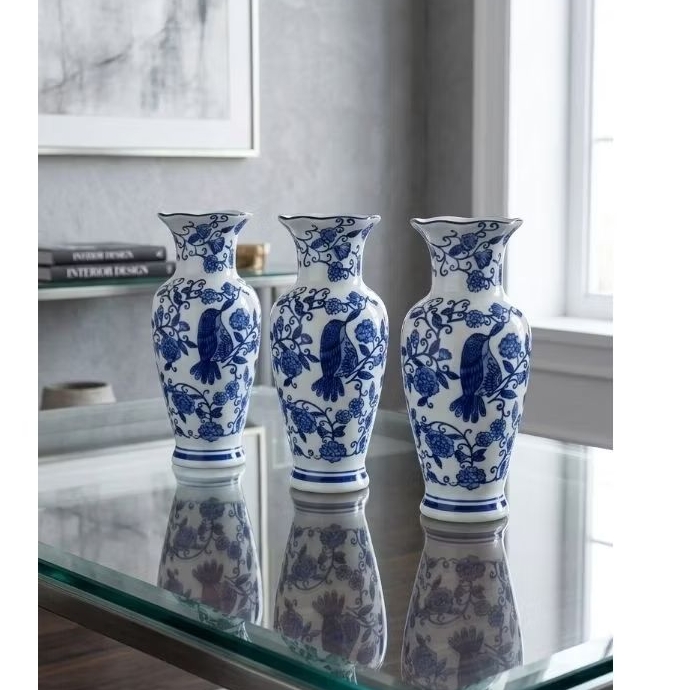 Vas keramik biru putih satuan atau set tinggi 25 cm motif burung/pot guci vas keramik kecil