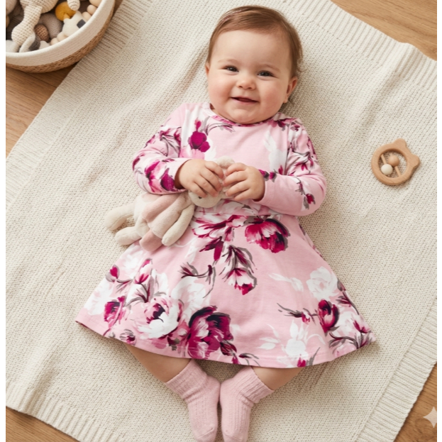 Dress Anak Bayi Pink Flo 12 - 18 Bulan Tangan Panjang Longsleeve - Baju Sisa Eksport Branded Perempu
