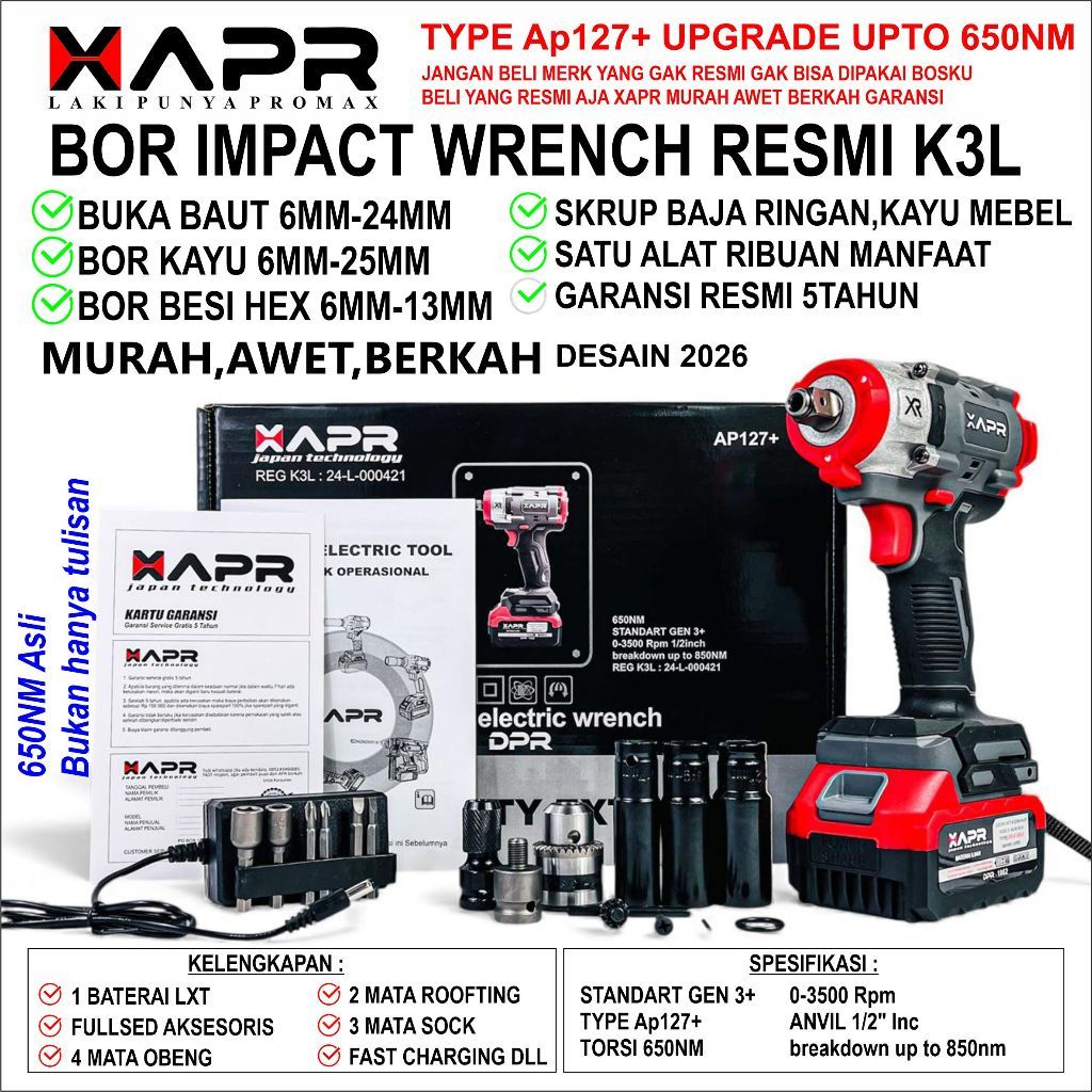 APR Mesin Bor Pembuka Baut Ban roda mobil APR JAPAN AP127+  650NM impact wrench cordless