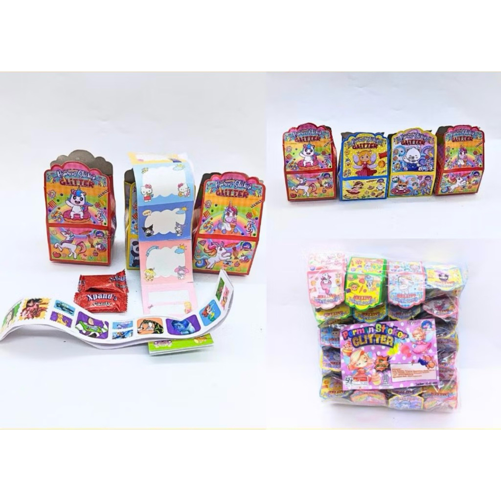 Permen stiker glitter isi 20 pcs mainan berhadiah sticker glitter dan permen grosir murah