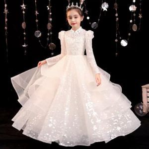 gaun putih lengan panjang rok panjang putih / gaun anak princess , acara komuni , fashion show dll m