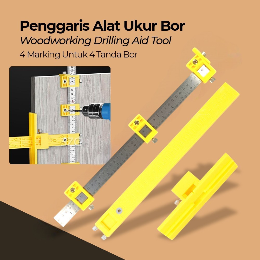 Penggaris Alat Ukur Bor Woodworking Drilling Aid Tool Kombinasi 4 Lubang Alat Mal Titik Bor Multifun