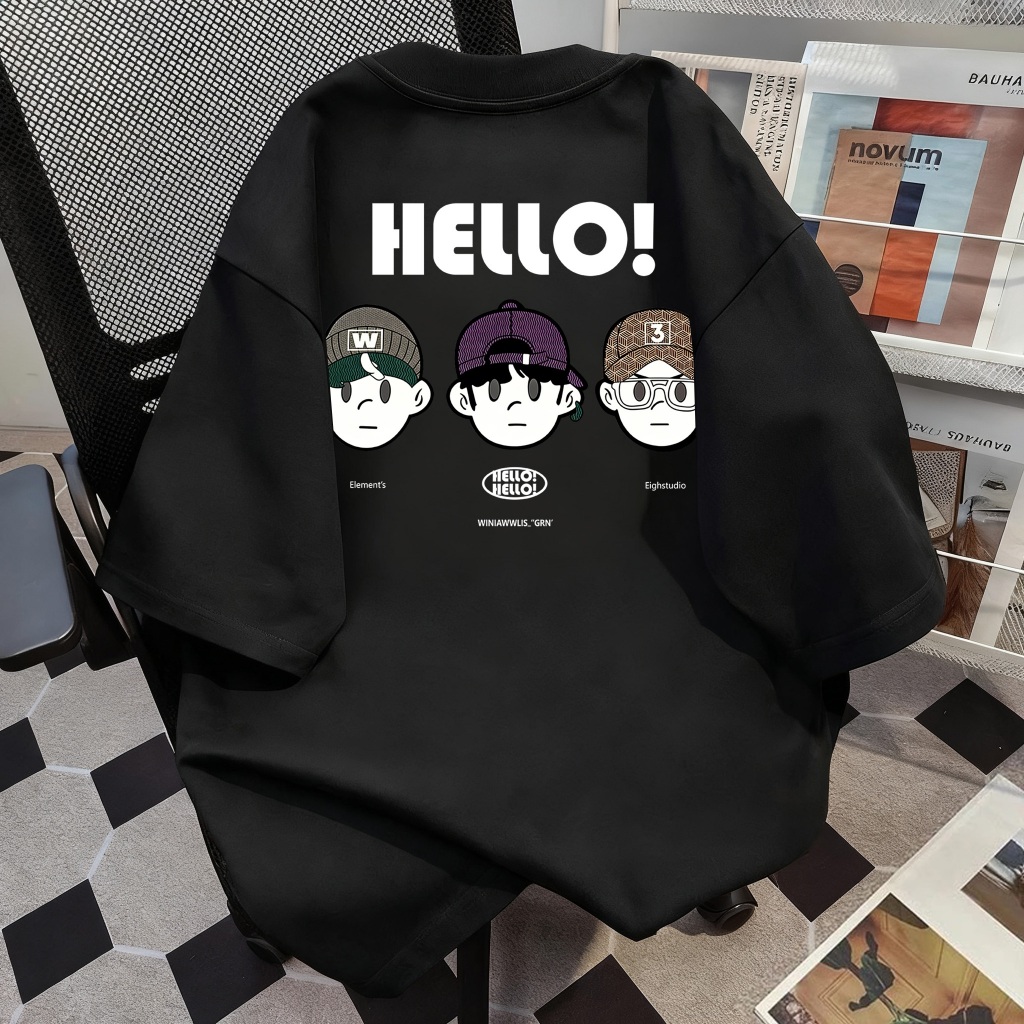 Kaos Kartun Hello Pria Lengan Pendek Baju Distro Remaja Laki-laki Oversize Katun Nyaman