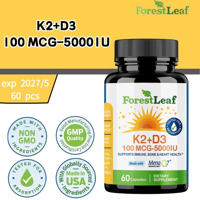 ForestLeaf K2+D3 - Pembersihan Kalsium Arteri - Vitamin D3 5000 IU & K2 100 mcg - 60 Kapsul Lembut