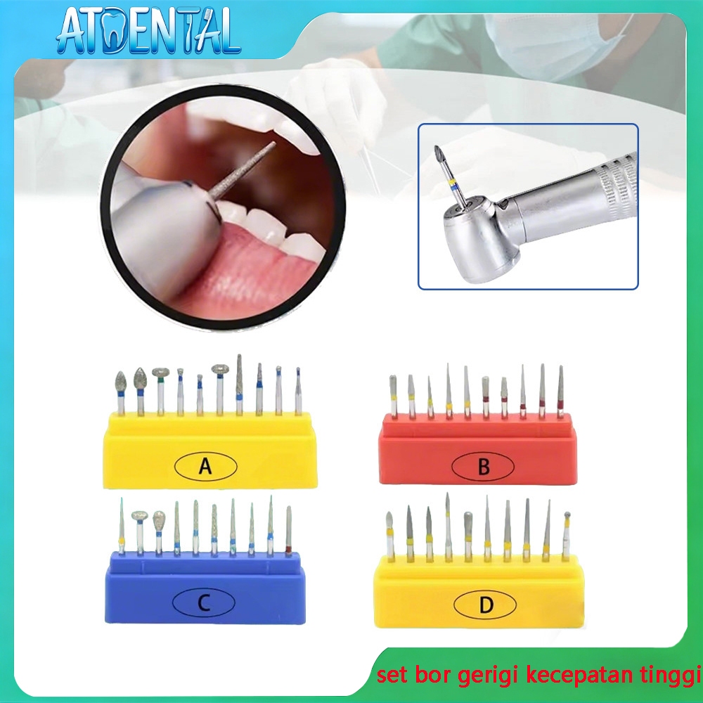 ATDENTAL Mata Bor Intan Gigi / Set Mata Bor Poles Kecepatan Tinggi / Baja Tahan Karat / Alat Pemutih