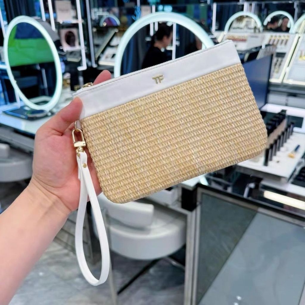 TF Beauty Raffia White Leather Wristlet Pouch Clutch Makeup Skincare Cosmetics Bag Travel Size