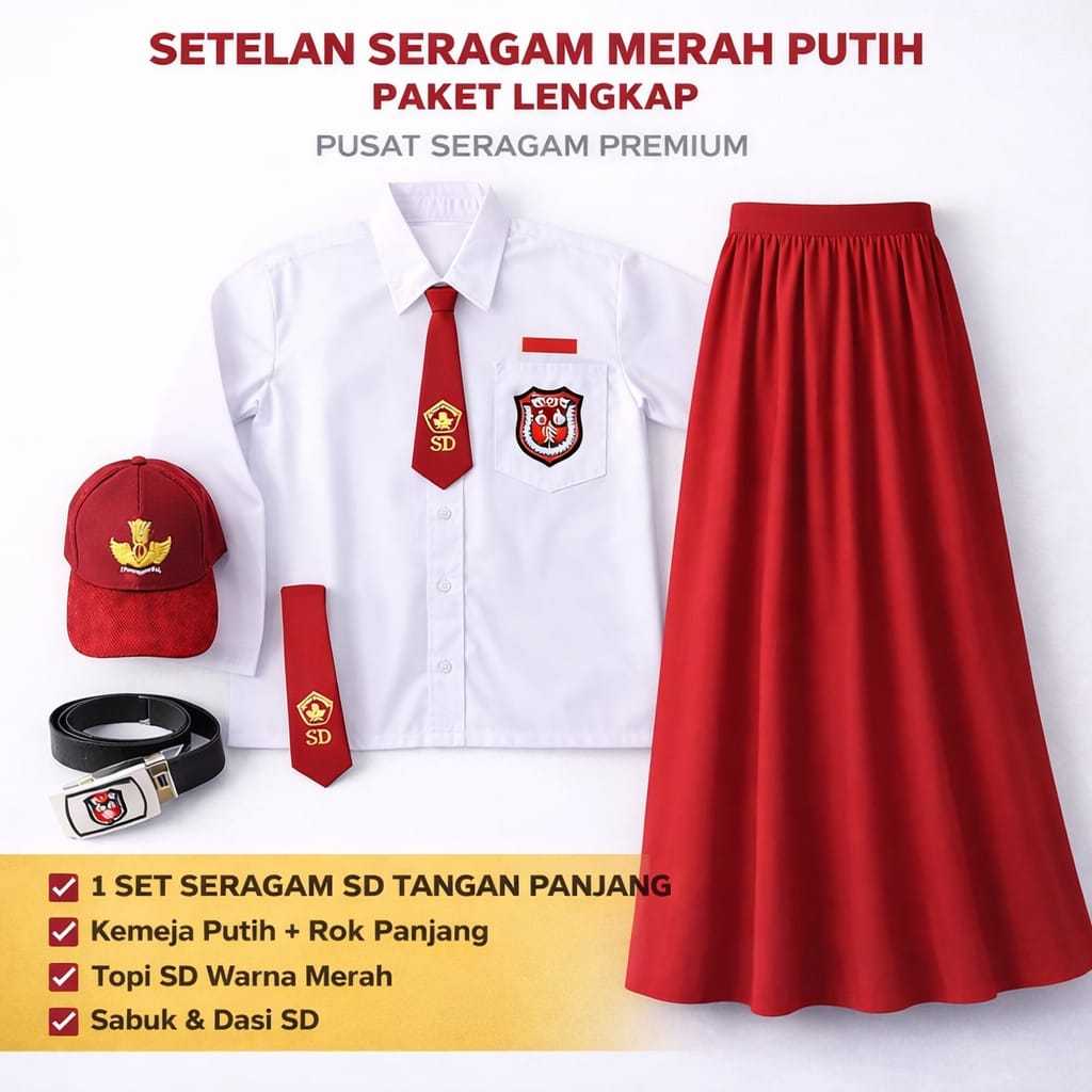 Setelan Seragam Anak Sekolah SD perempuan Komplit Dengan Dasi Sabuk Dan Topi