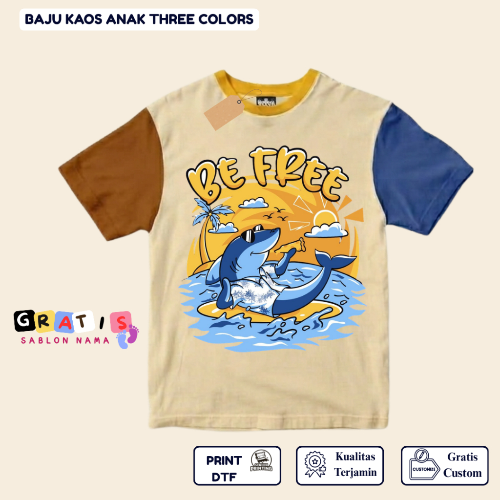 shabira tas  - Kaos Anak SHARK BE FREE  - Kaos Anak Pendek Three Colors Dino - Kaos Anak Sablon Nama